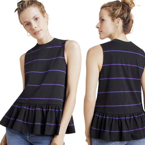 Anthropologie Striped Black Purple Hildi Peplum Mock Neck Top Size Small Casual - Picture 1 of 6